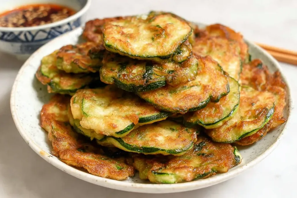 Crispy Korean Zucchini Fritters on a Plate