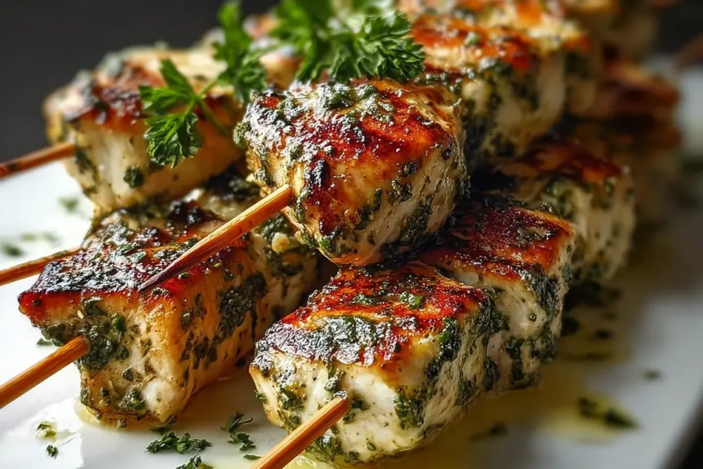 Lemon Herb Marinated Chicken Skewers on Grill
