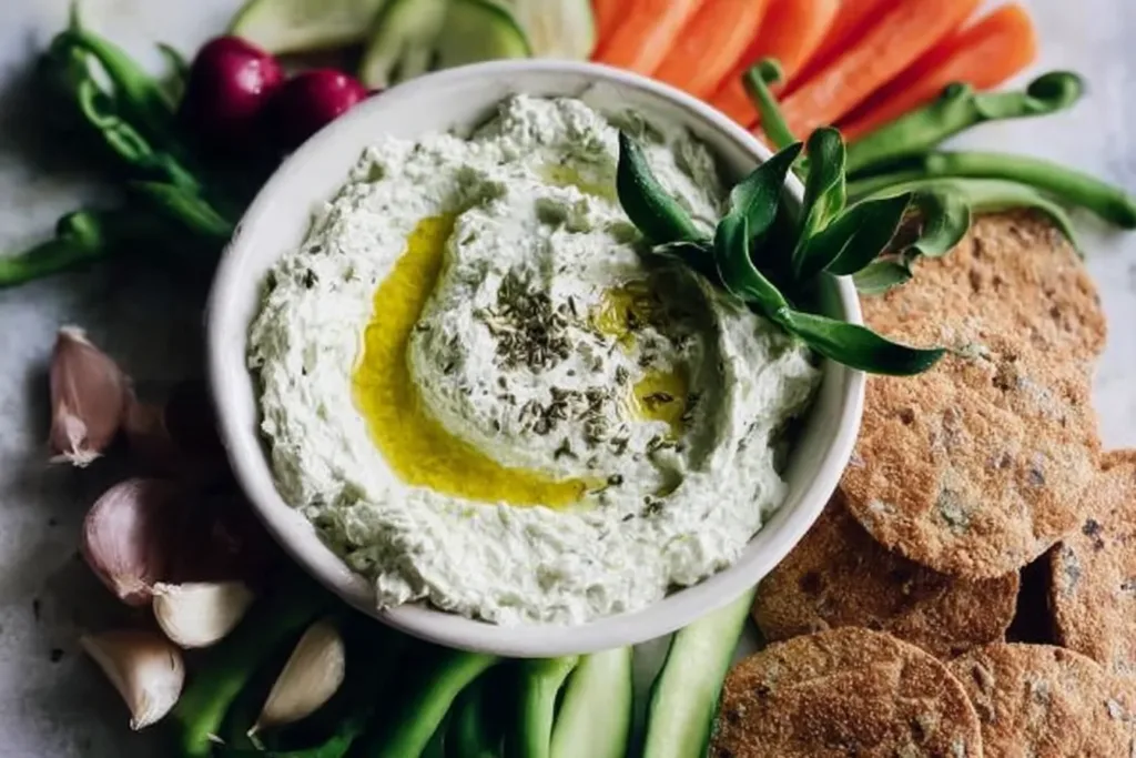Lemony Labneh and Garlic Scape Dip in a Bowl