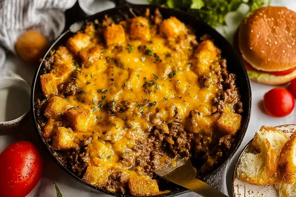 Loaded Cheeseburger Casserole Served Hot in a Dish