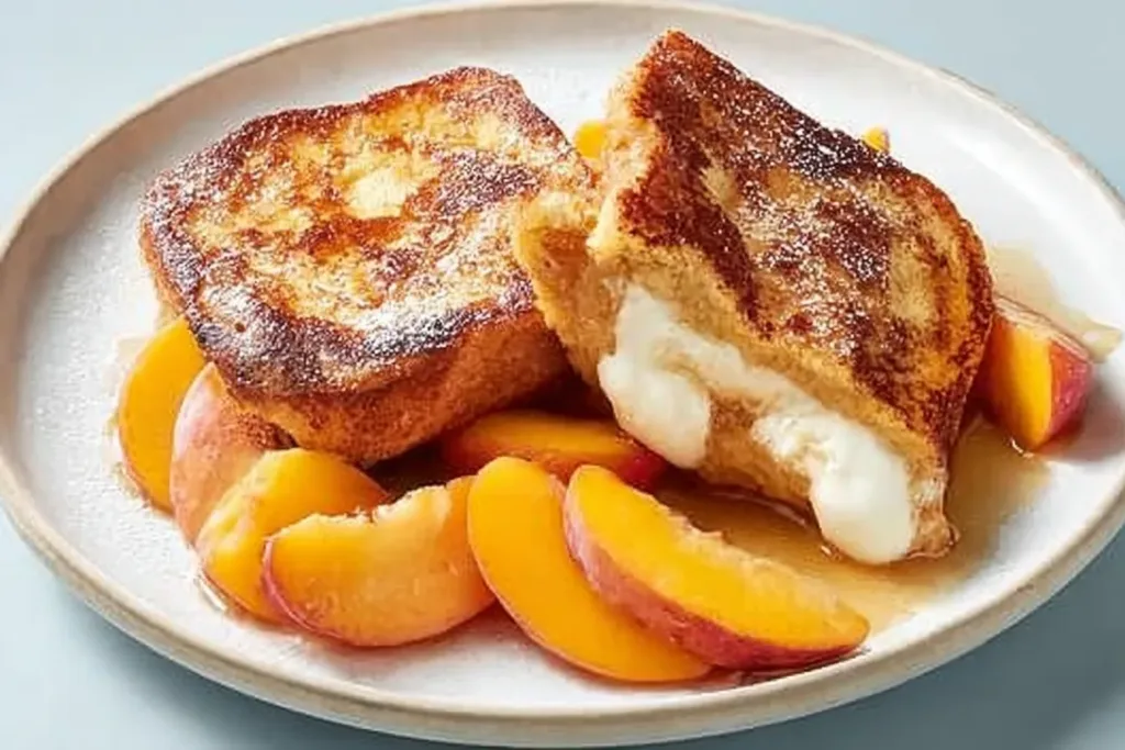 Mascarpone Stuffed French Toast with Peaches on a Plate