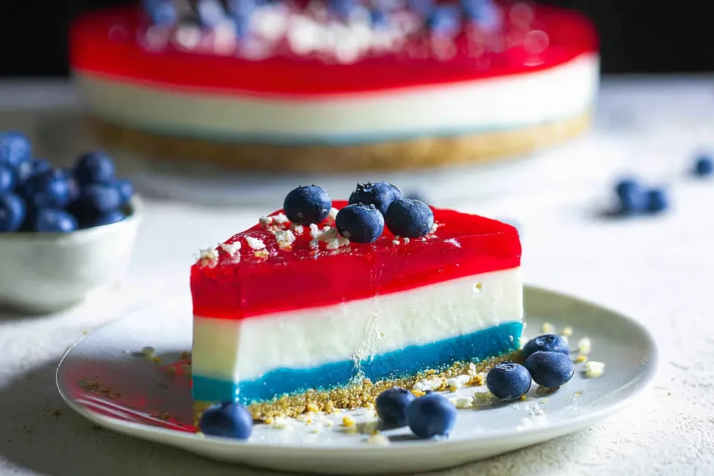 No-Bake Red White & Blue Jello Cheesecake Slice