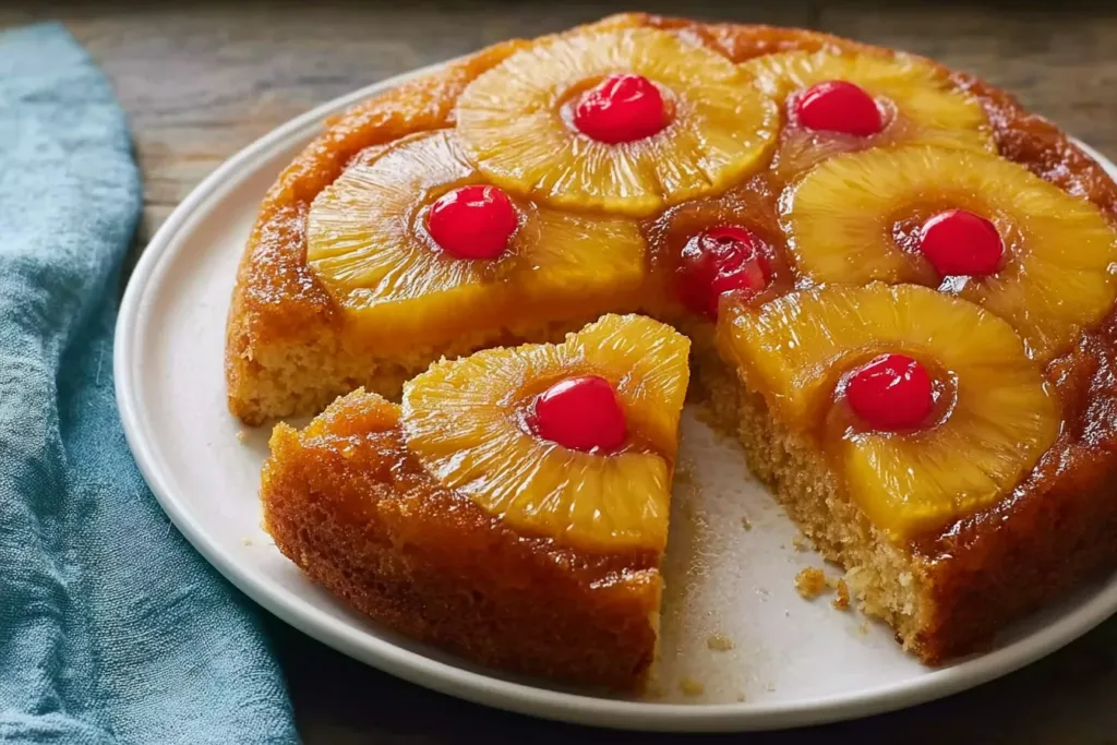 Old Fashioned Pineapple Upside-Down Cake Slice on a Plate