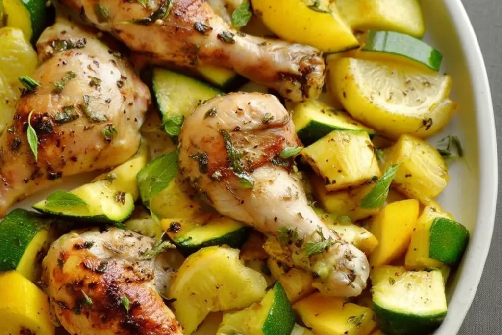 One Pan Garlic & Herb Chicken Drumsticks with Patty Pan Squash
