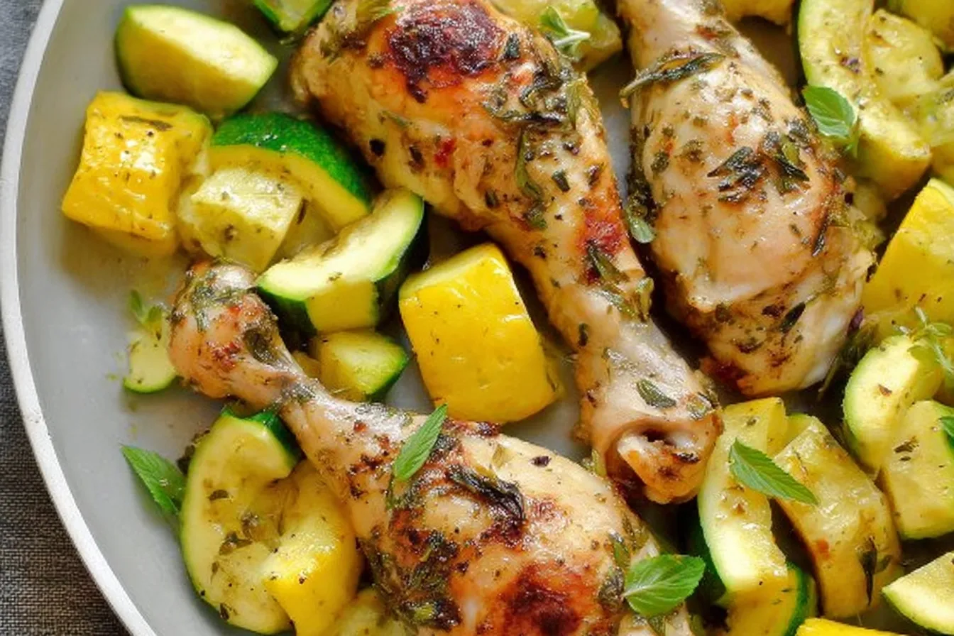 One Pan Garlic & Herb Chicken Drumsticks with Patty Pan Squash