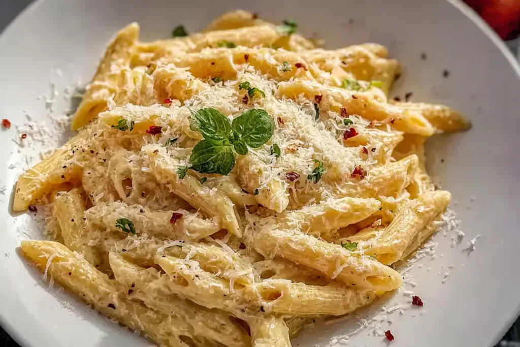One Pot Creamy Garlic Pasta Ready to Serve