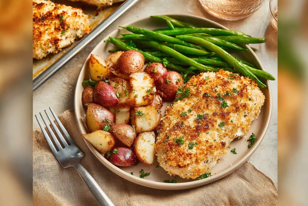 Parmesan Crusted Chicken Sheet Pan Dinner Ready to Serve