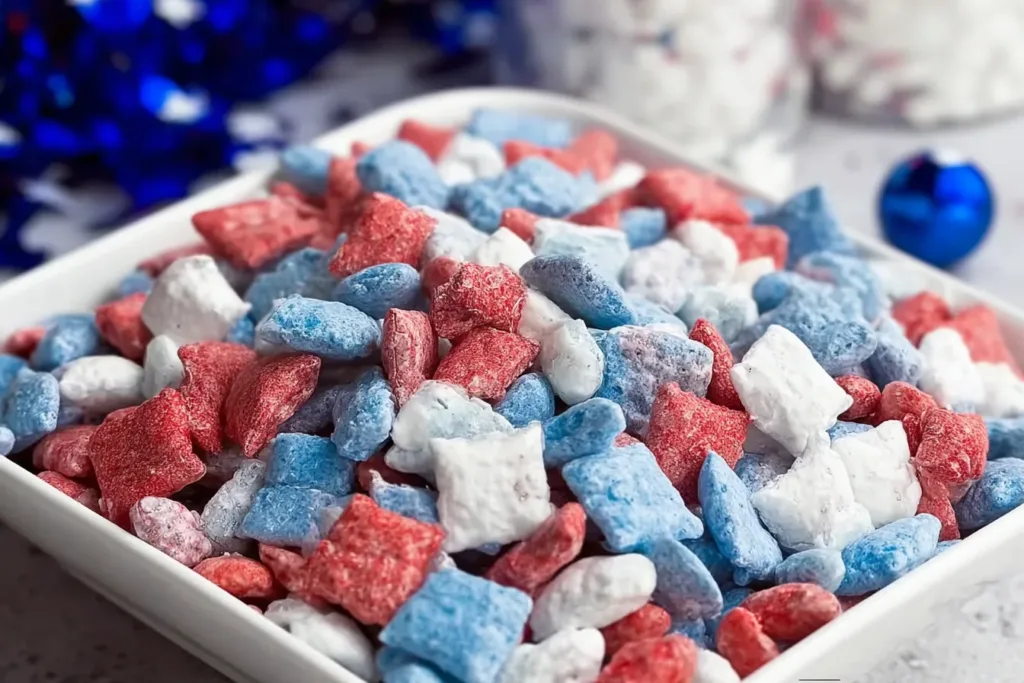 Festive Patriotic Muddy Buddies on a Colorful Plate
