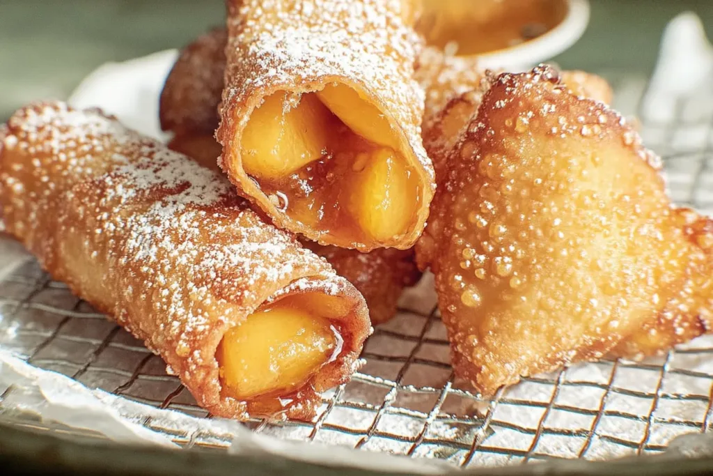 Delicious Peach Cobbler Egg Rolls on a Plate