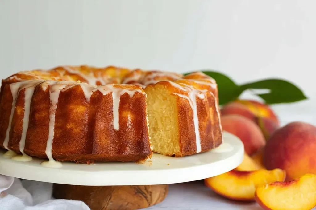 Peach Cobbler Pound Cake Slices on a White Plate