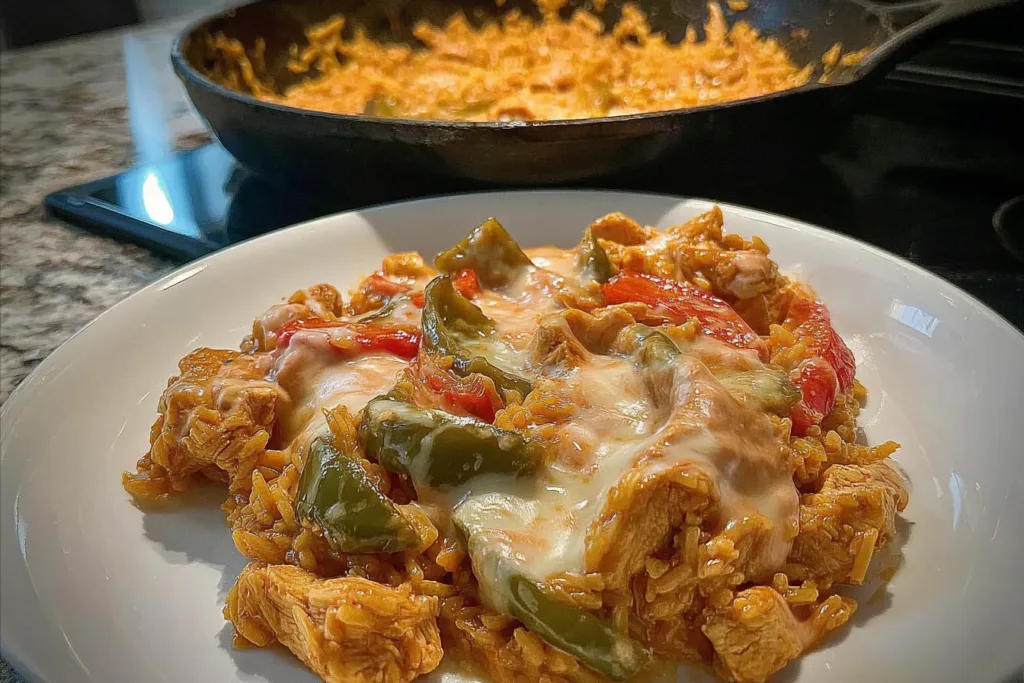 Queso Chicken Fajita Skillet on a Serving Platter