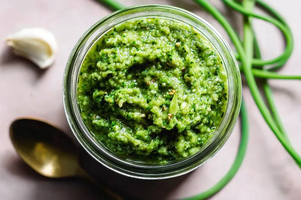 Quick & Fresh Garlic Scape Pesto in a Bowl