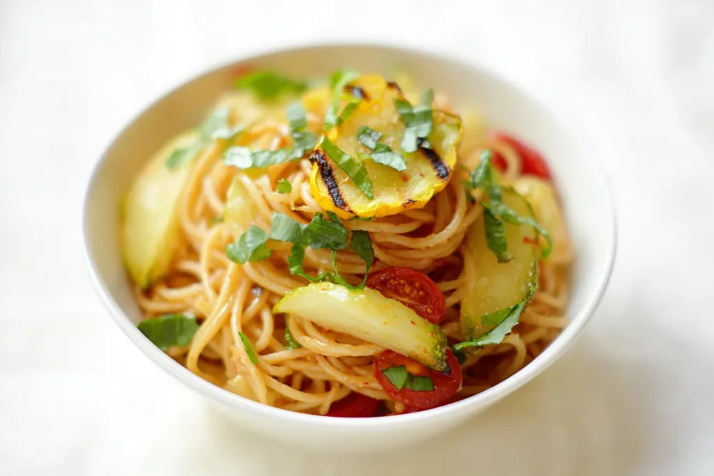Colorful Red Lentil Spaghetti with Grilled Patty Pan Squash