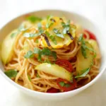 Colorful Red Lentil Spaghetti with Grilled Patty Pan Squash