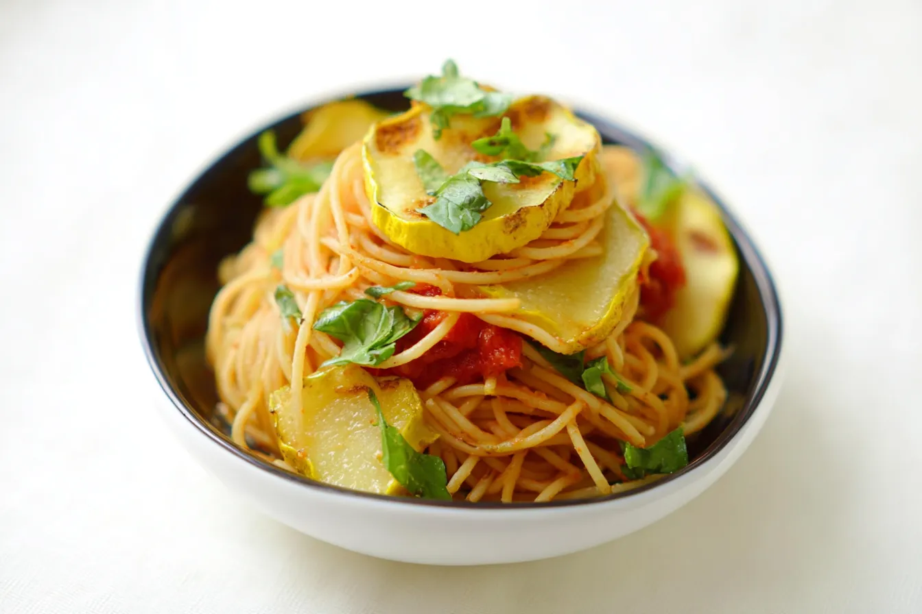 Red Lentil Spaghetti with Grilled Patty Pan Squash 