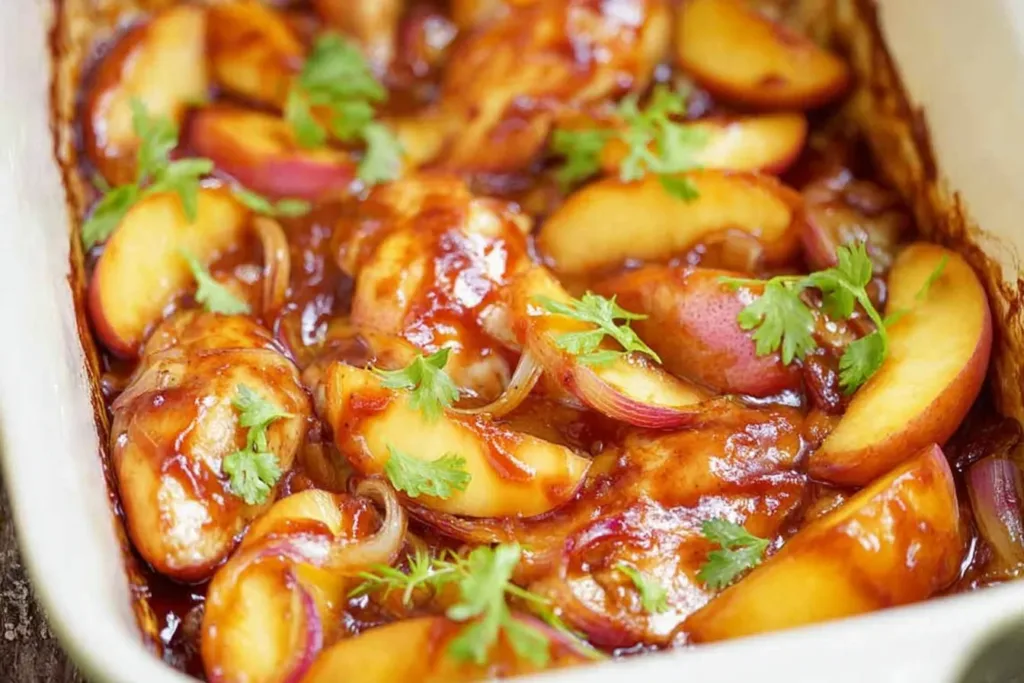 Roasted Peach BBQ Chicken Bake on a Rustic Table