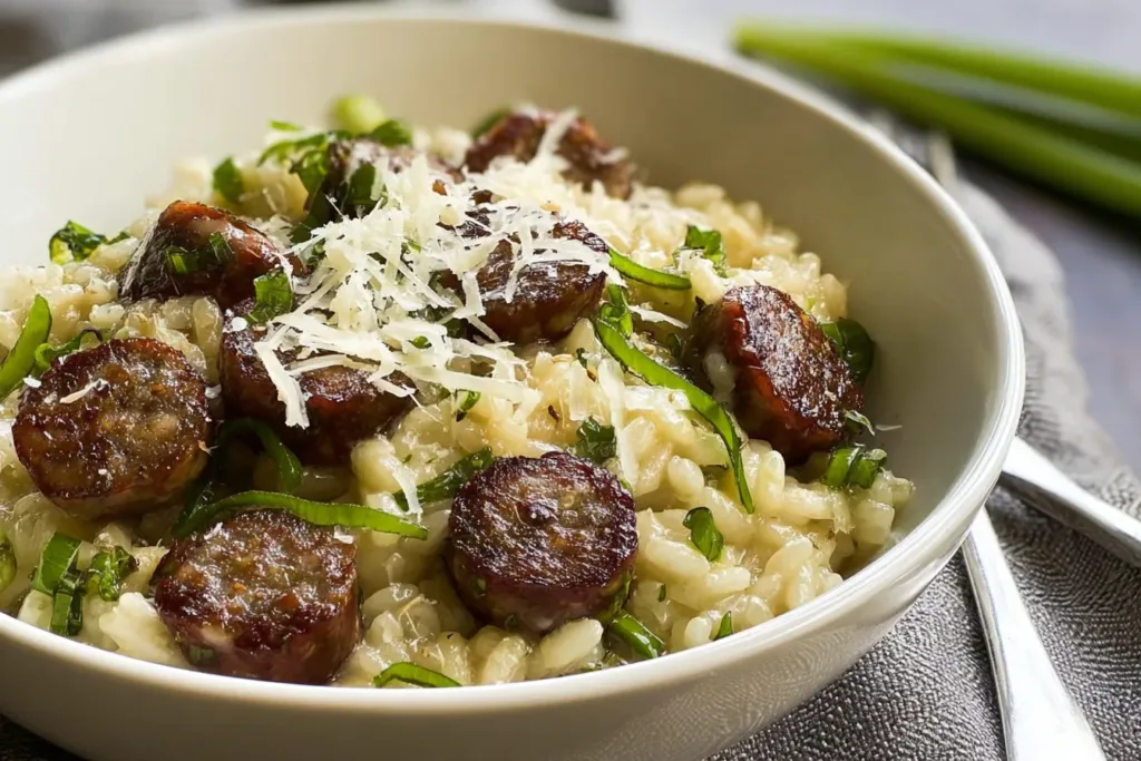 Delicious Sausage and Garlic Scape Risotto in a Bowl
