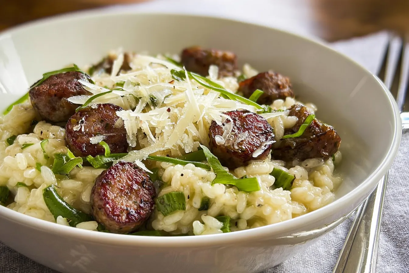 Sausage and Garlic Scape Risotto 