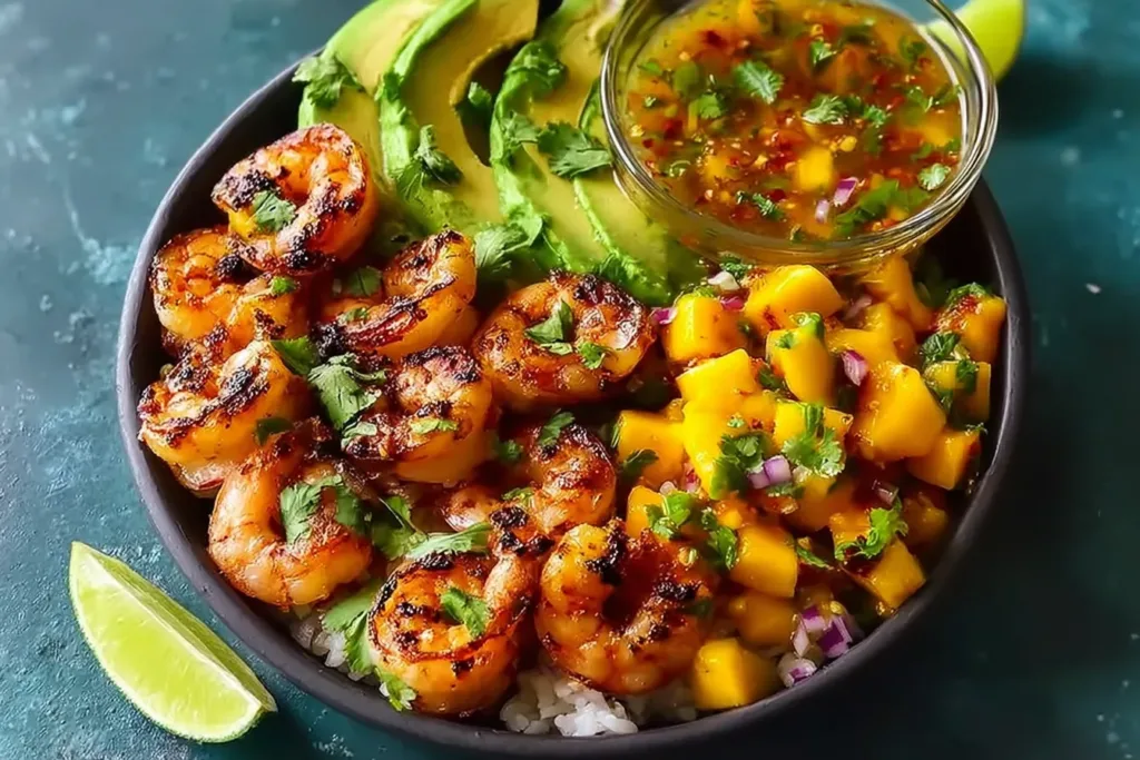 Shrimp and Avocado Bowls with Mango Salsa & Lime Chili Sauce