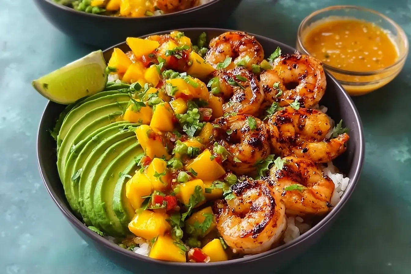 Shrimp and Avocado Bowls with Mango Salsa & Lime Chili Sauce 