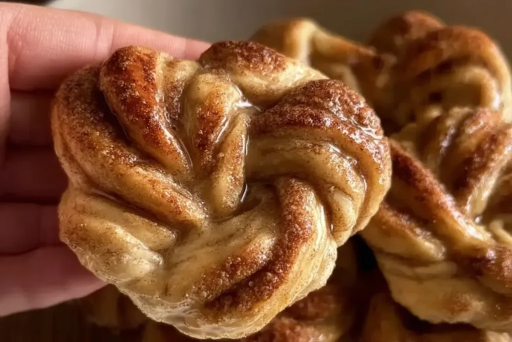 Freshly Baked Sourdough Cinnamon Knots on a Rustic Wooden Board