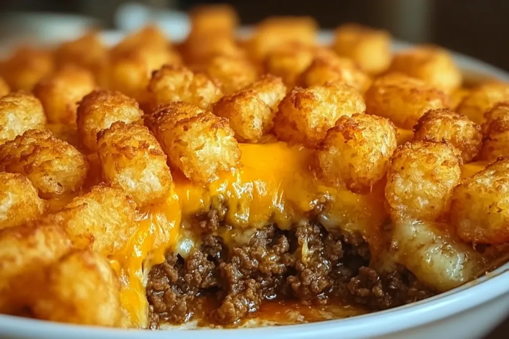 Tater Tot Casserole with Ground Beef Freshly Baked