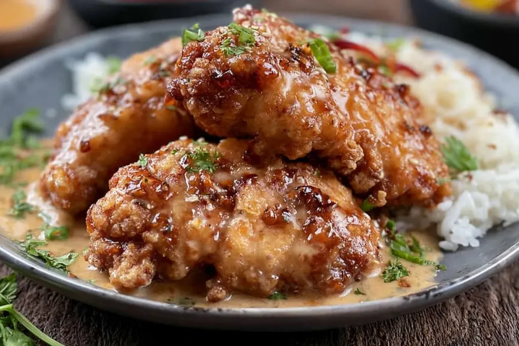 Bang Bang Chicken: A Deliciously Spicy Sensation 3 Bang Bang Chicken Plated with Fresh Herbs