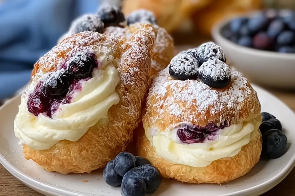 Blueberry Cheesecake Puff Bombs: Creamy, Crispy Bliss! 3 Blueberry Cheesecake Puff Bombs on a Decorative Plate