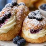 Blueberry Cheesecake Puff Bombs: Creamy, Crispy Bliss! 5 Blueberry Cheesecake Puff Bombs on a Decorative Plate