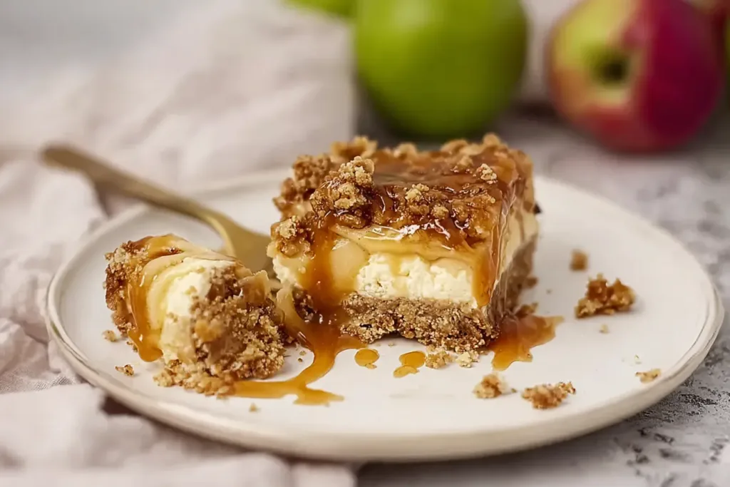 Caramel Apple Cheesecake Bars on a Plate