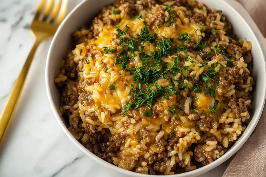 Cheesy Ground Beef and Rice Casserole Freshly Baked