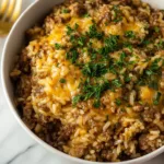 Cheesy Ground Beef and Rice Casserole Freshly Baked
