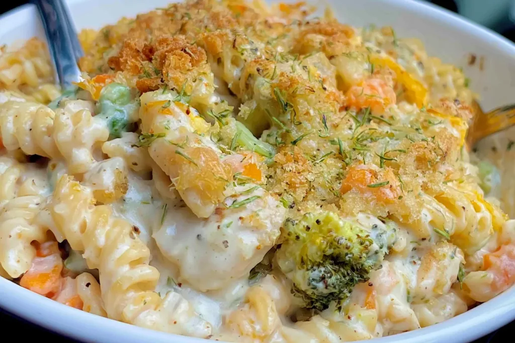 "Delicious Chicken and Pasta Casserole with Mixed Vegetables"