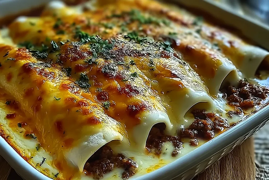 Baked Comforting Cheesy Beef Enchiladas with Creamy White Sauce