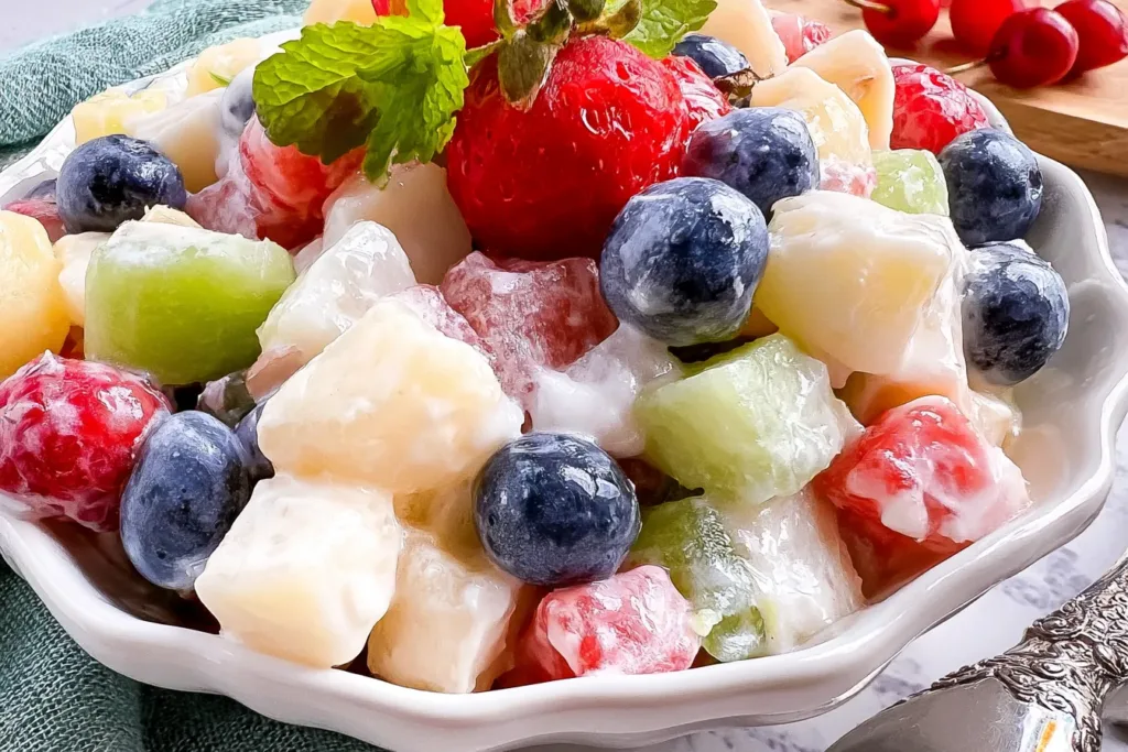 Delicious creamy fruit salad bowl filled with fresh fruit