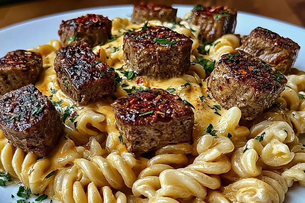 Creamy Garlic Butter Steak Bites with Spicy Cajun Pasta Dish