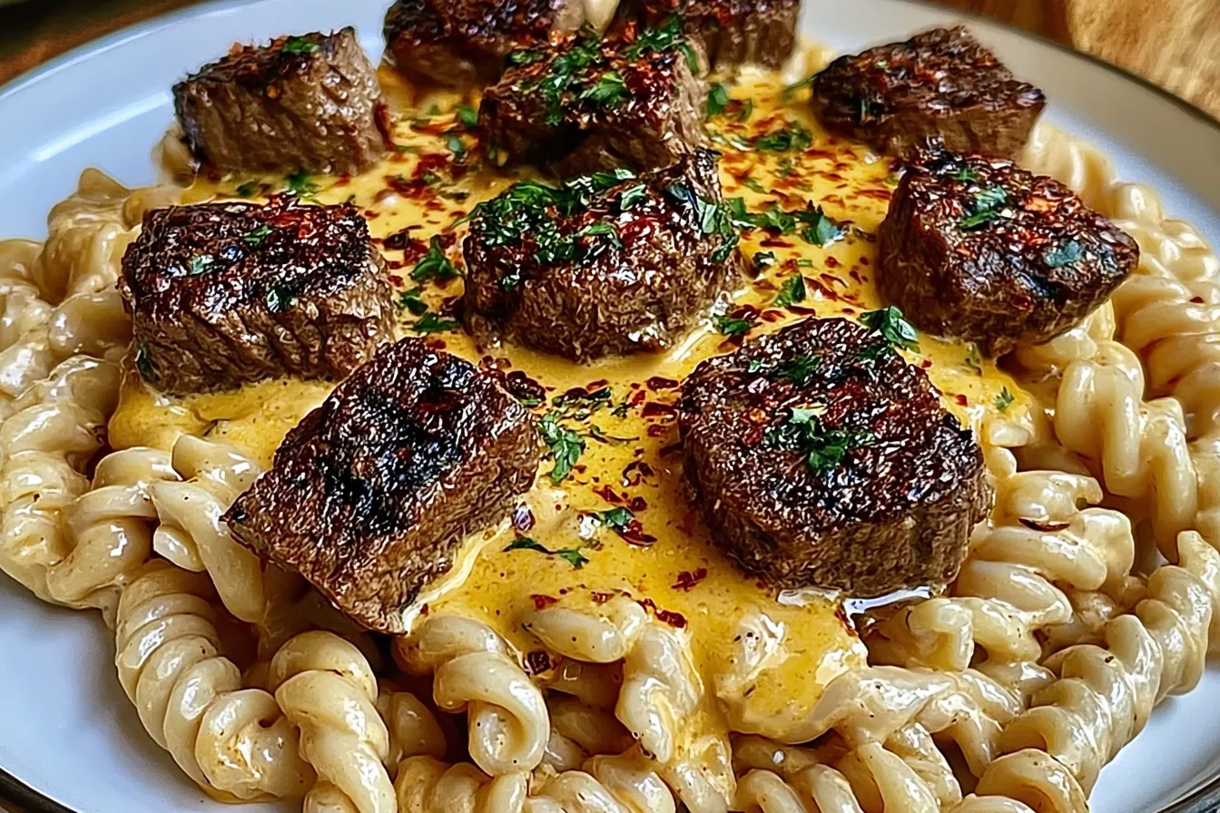 Creamy Garlic Butter Steak Bites with Spicy Cajun Alfredo Twisted Pasta 