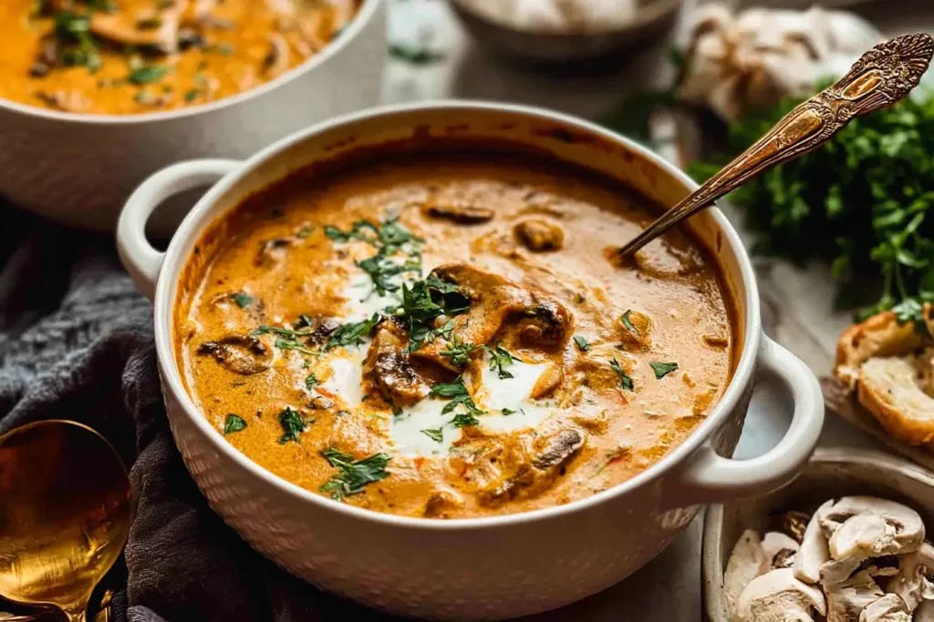 Creamy Hungarian Mushroom Soup Served with Fresh Herbs