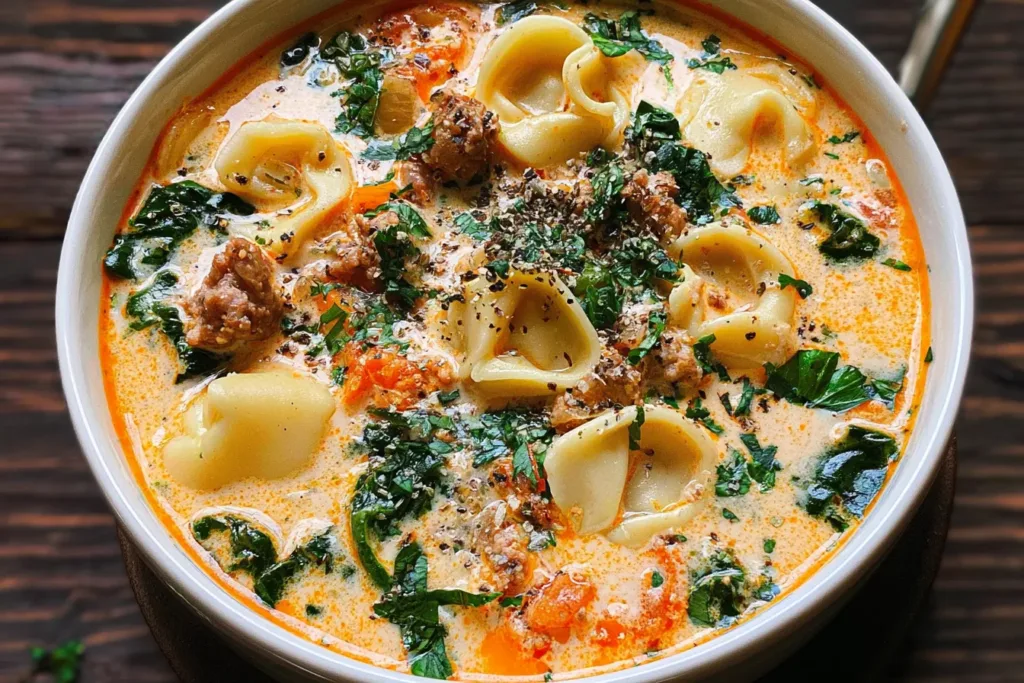 Creamy Sausage Tortellini Soup in a Bowl
