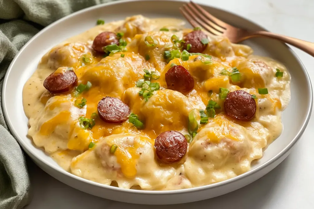 Crockpot Pierogi Casserole with Kielbasa in a Serving Dish