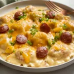 Crockpot Pierogi Casserole with Kielbasa in a Serving Dish