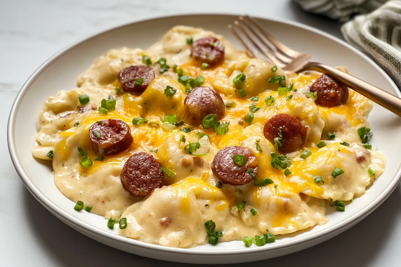 Crockpot Pierogi Casserole with Kielbasa 