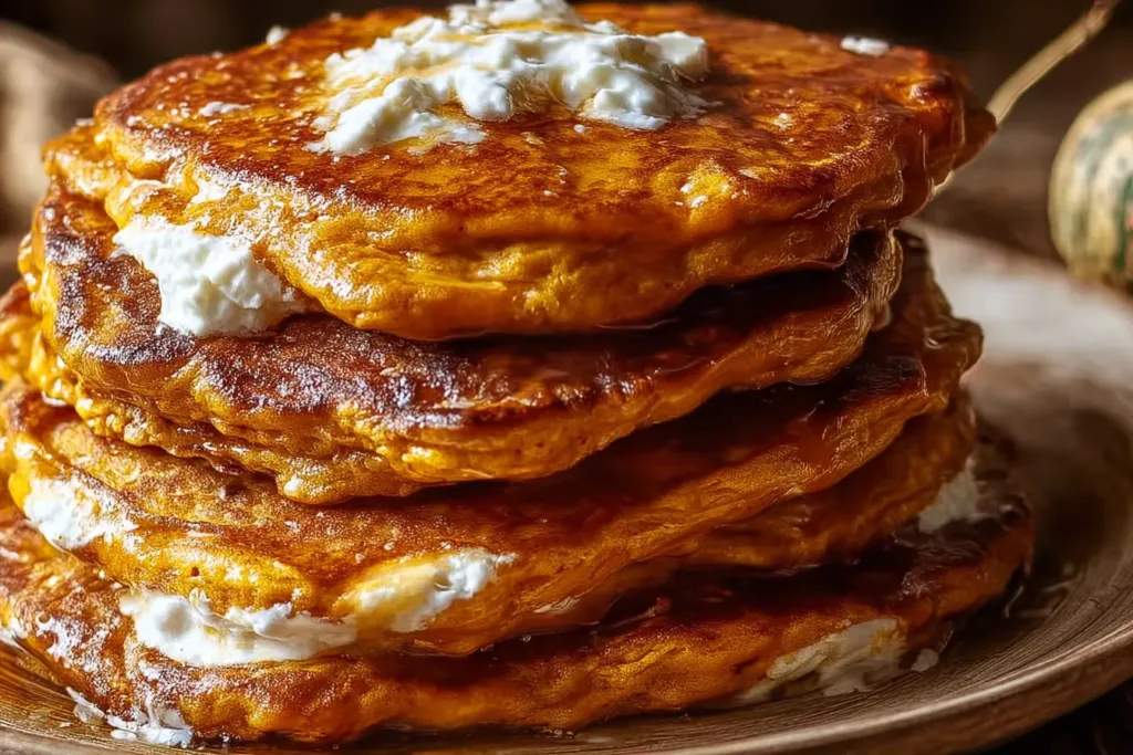 Easy Pumpkin Pancakes with Cottage Cheese on a Plate