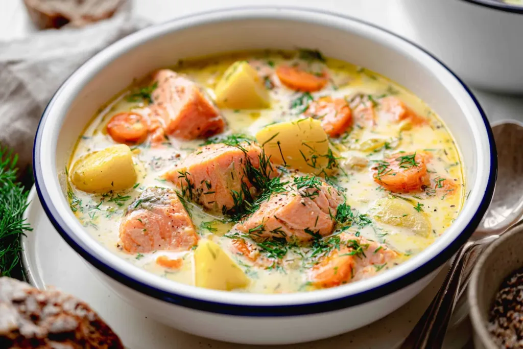 Finnish Salmon Soup (Lohikeitto) in a Bowl