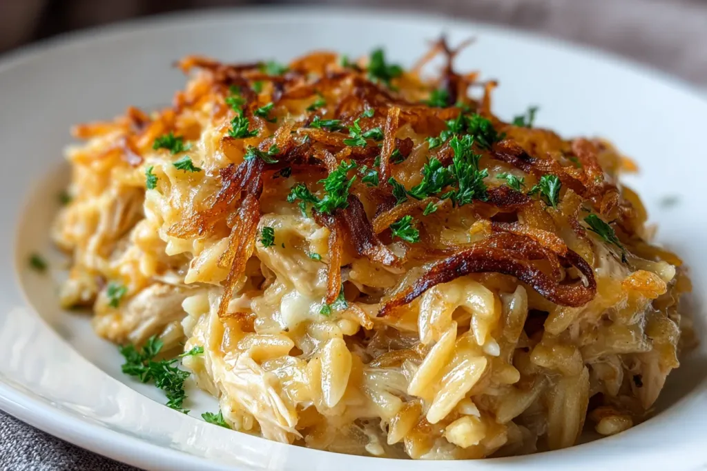 Delicious French Onion Chicken Orzo Casserole on a Table