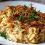 Delicious French Onion Chicken Orzo Casserole on a Table