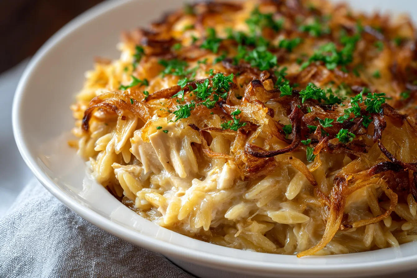 French Onion Chicken Orzo Casserole 