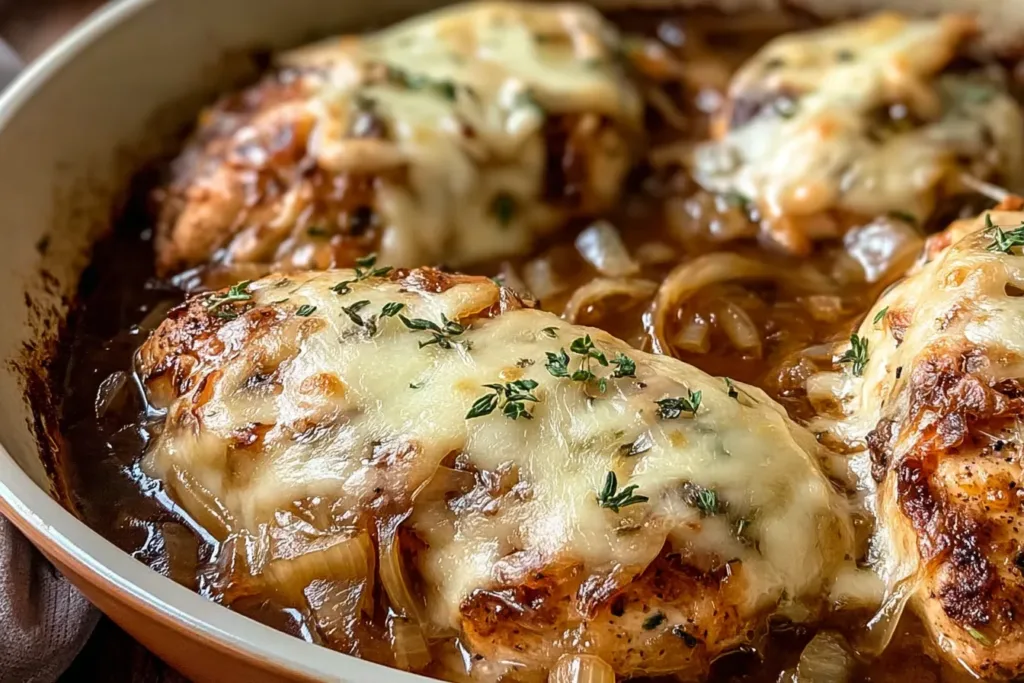 French Onion Soup Chicken Bake with Melted Gruyère in a Dish