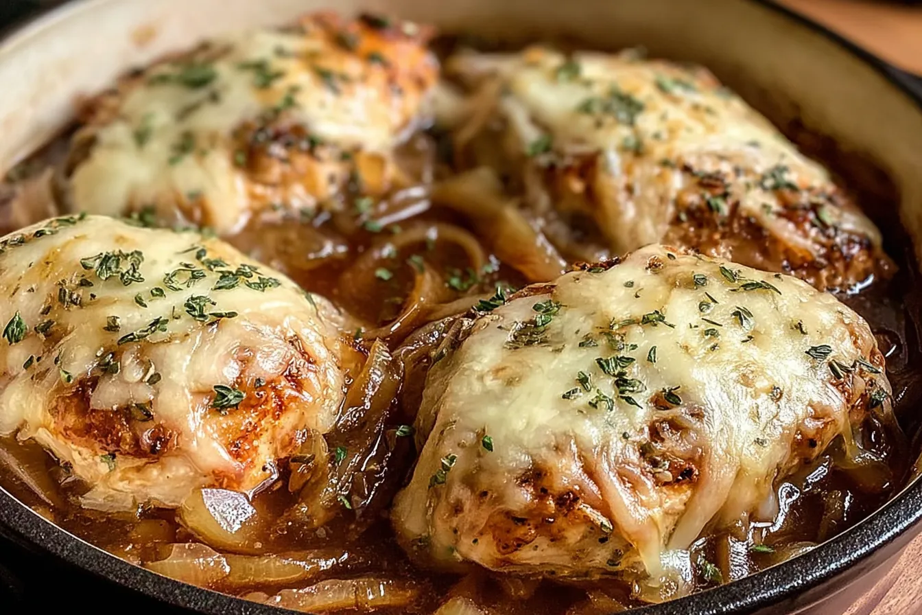 French Onion Soup Chicken Bake with Melted Gruyère Yum! 4 French Onion Soup Chicken Bake with Melted Gruyère