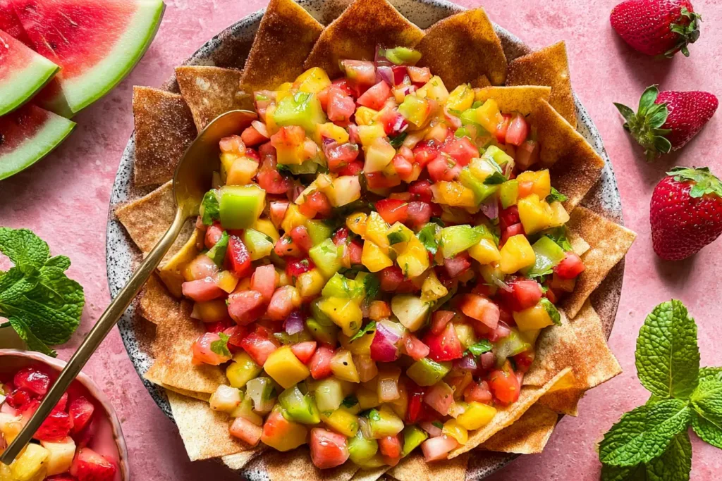 Colorful Fruit Salsa with Cinnamon Sugar Chips